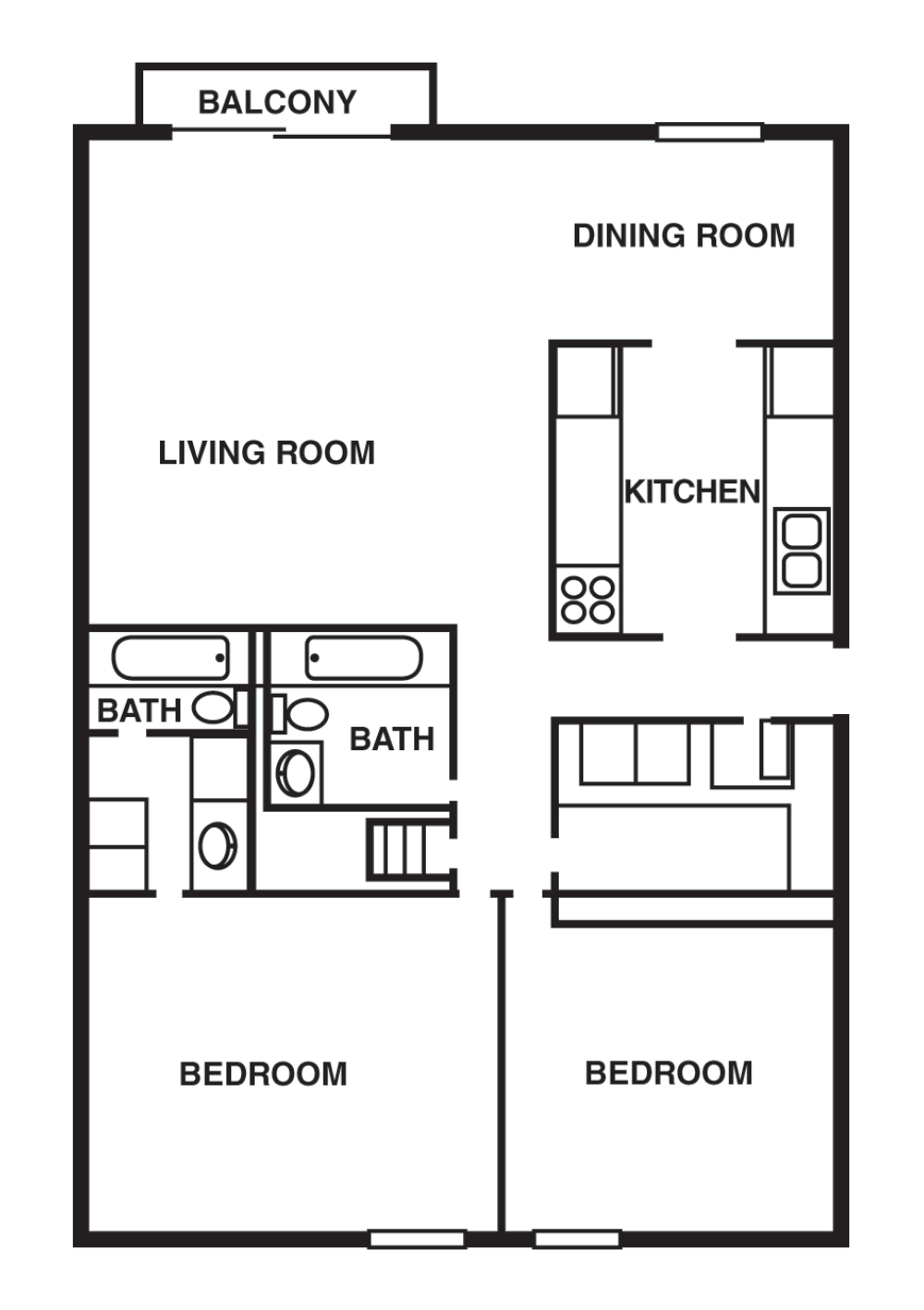 Floor plan for 2 beds, 2 baths, 1020 sqft